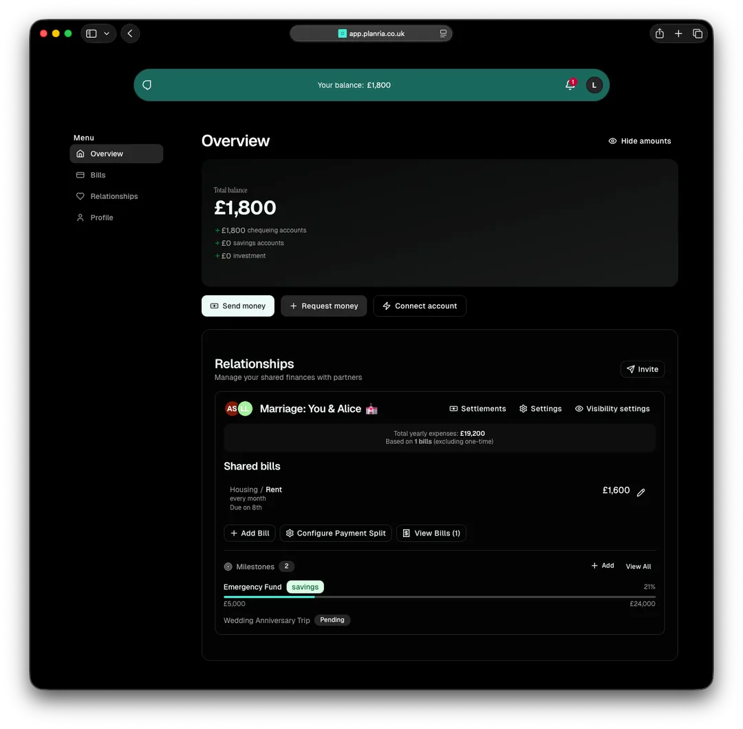 App screenshot showing total balance, shared bills, and savings milestones in dark mode.