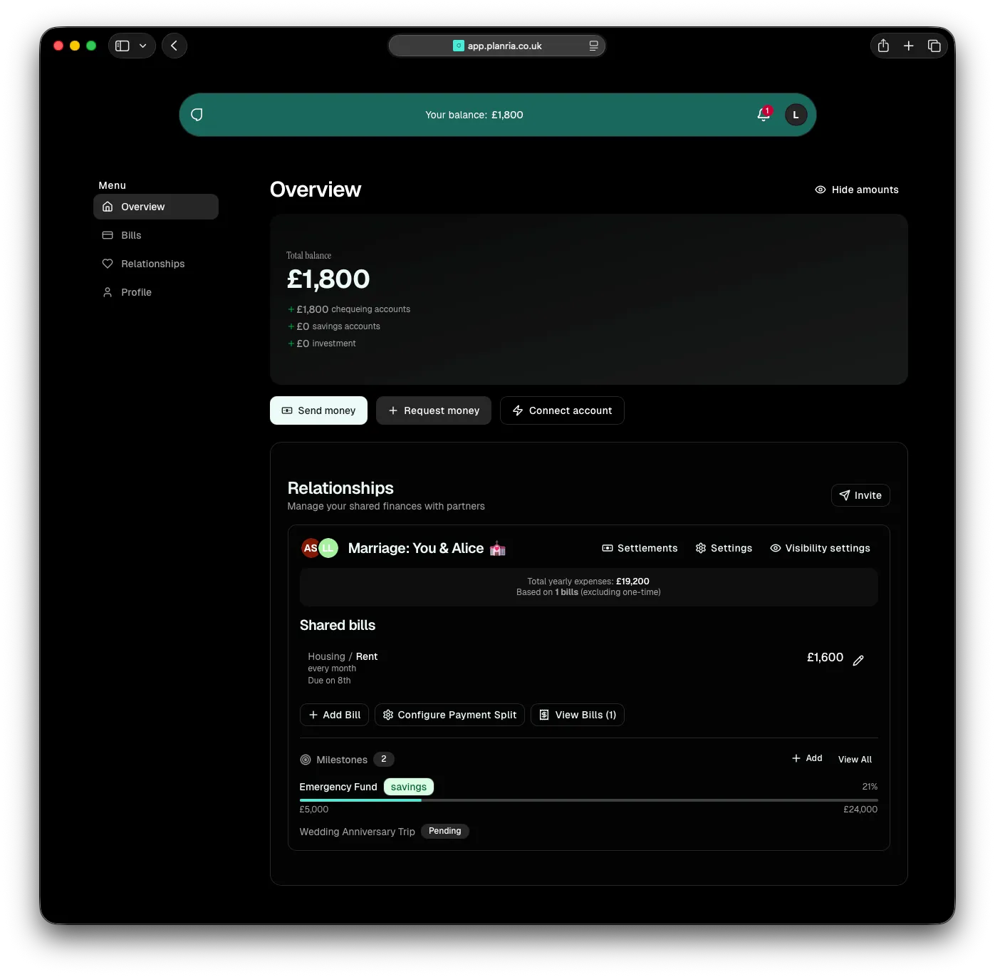 Planria overview: total balance, shared relationships and bills, and savings milestones in the app, dark mode.
